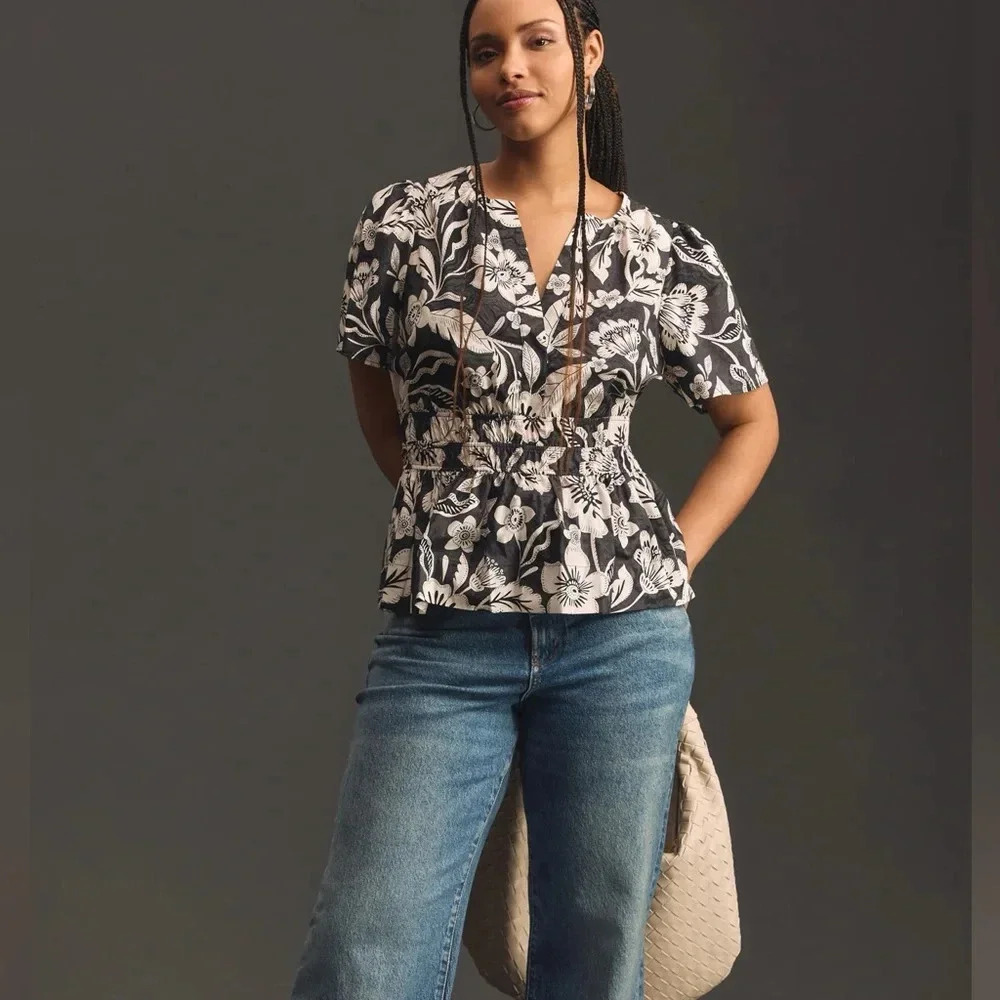 Anthropologie The Somerset Blouse Black & White Floral V-Neck Puff Sleeve Peplum - Picture 7 of 11